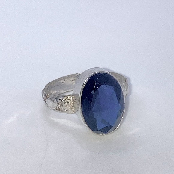 VTG Sterling & Facet Cut Oval Dark Blue Glass Stone Diamond Pattern Band Sz 6.75 - Picture 3 of 10